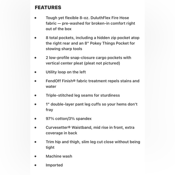 NWOT Duluth Trading Co. 6x31 Slim Fire Hose Cargo Pant - Picture 9 of 9